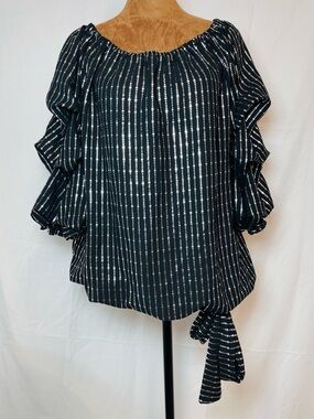 Prelude Black and Silver Women’s Top with puffed Sleeves Size Large